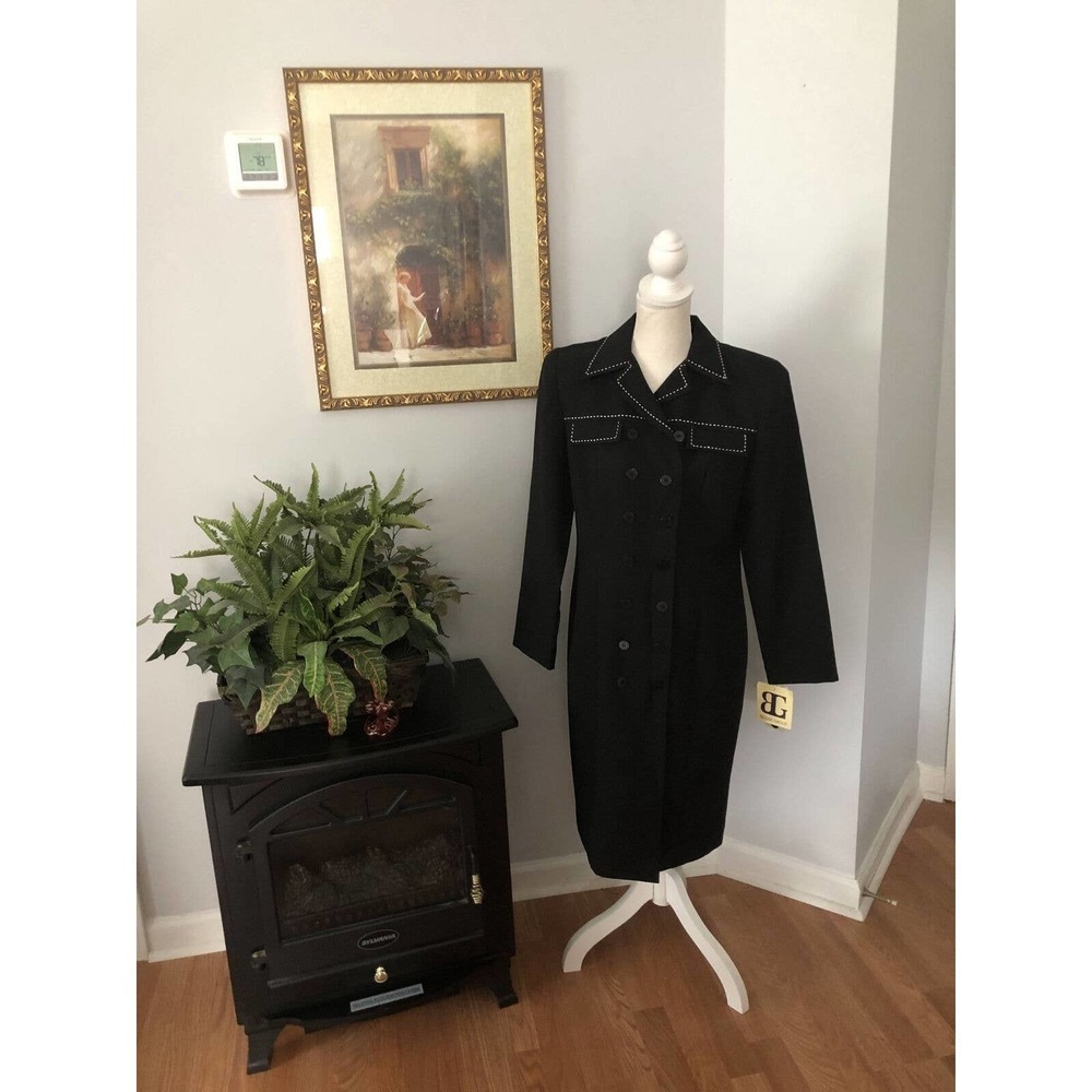 Bahari Group Womens Black Solid Polyester Buttons Front Long Overcoat Si…‎